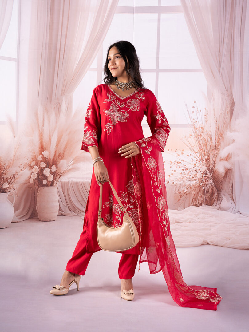 Crimson Red Floral Embroidered Kurta Set with Organza Dupatta