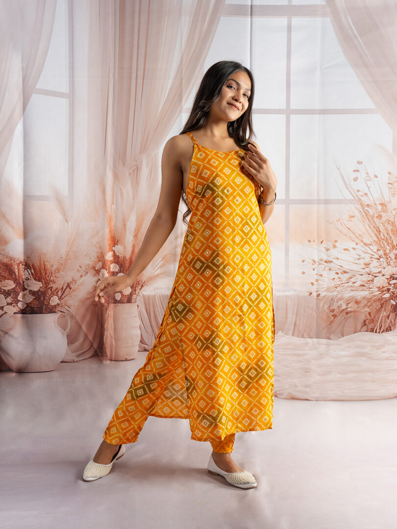 Radiant Mustard Yellow Printed Straight Kurta Set for Girls