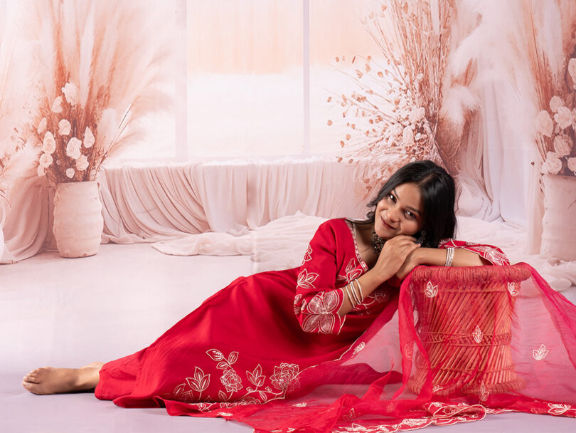 Crimson Red Floral Embroidered Kurta Set with Organza Dupatta - Image 5