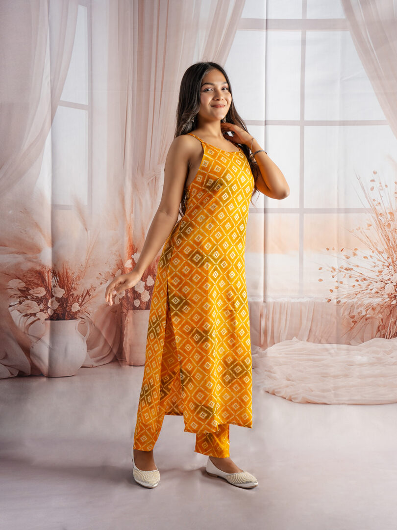 Radiant Mustard Yellow Printed Straight Kurta Set for Girls - Image 2