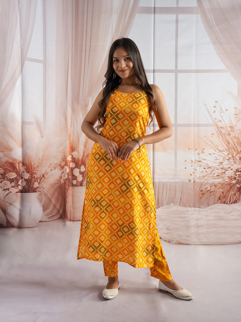 Radiant Mustard Yellow Printed Straight Kurta Set for Girls - Image 3