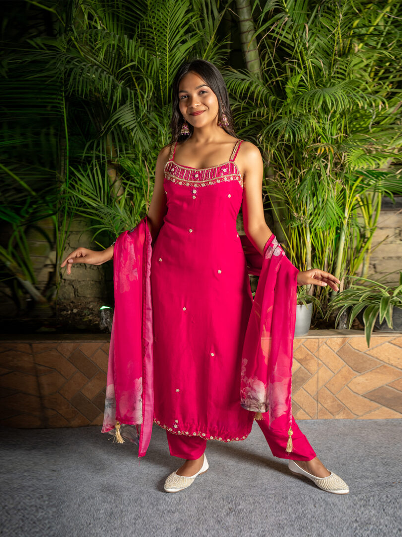 Magenta Floral Embellished Punjabi Suit for Girls - Image 2