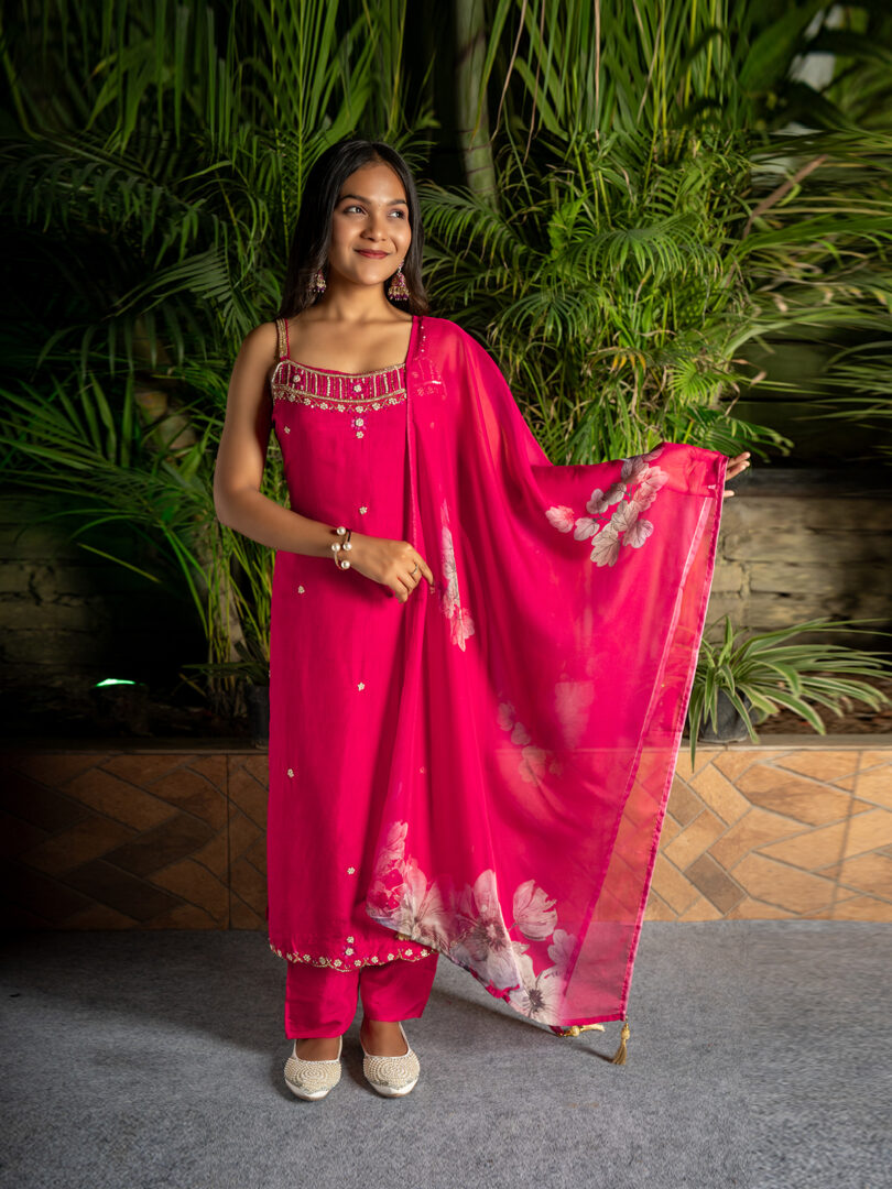 Magenta Floral Embellished Punjabi Suit for Girls