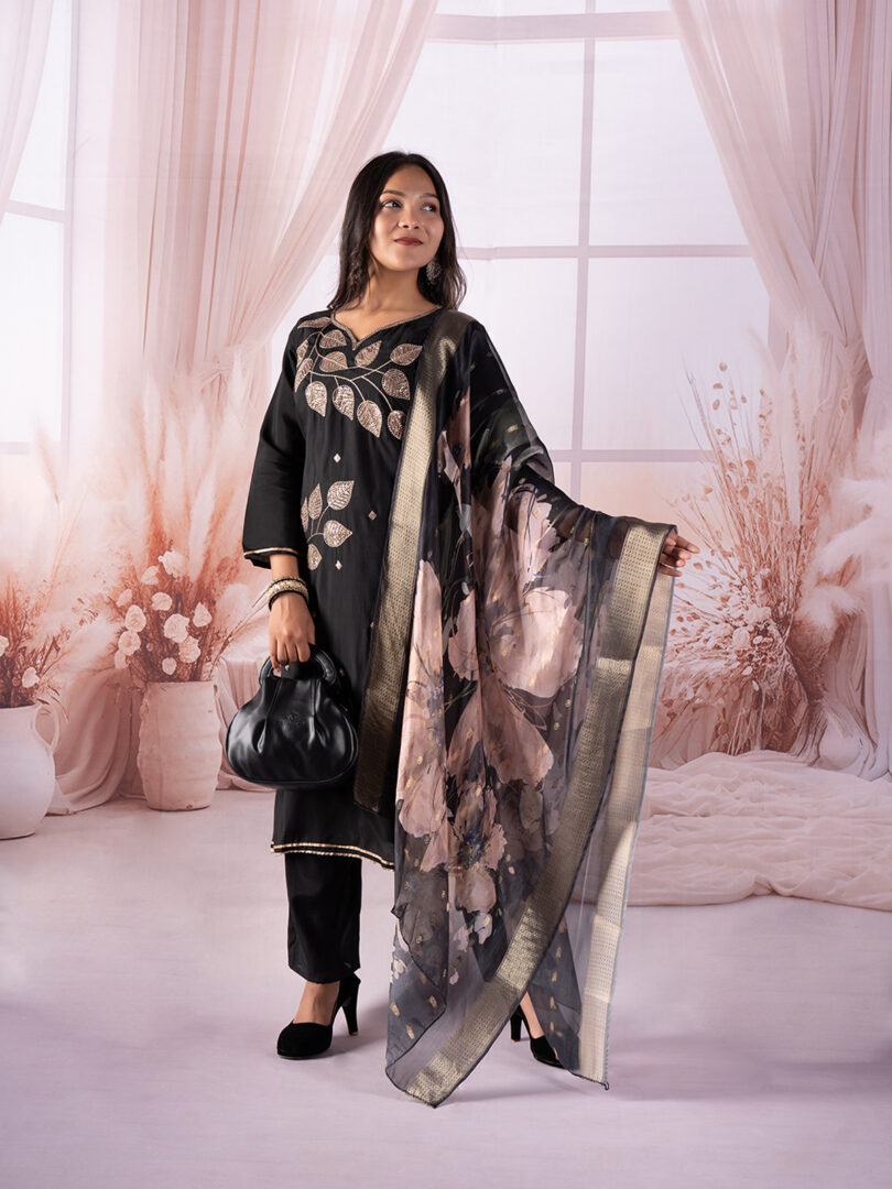 Black Embroidered Kurta Set with Floral Organza Dupatta