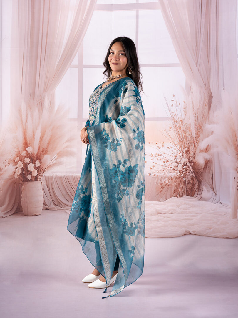 Teal Blue Hand-Embroidered Kurta Set with Organza Dupatta - Image 3
