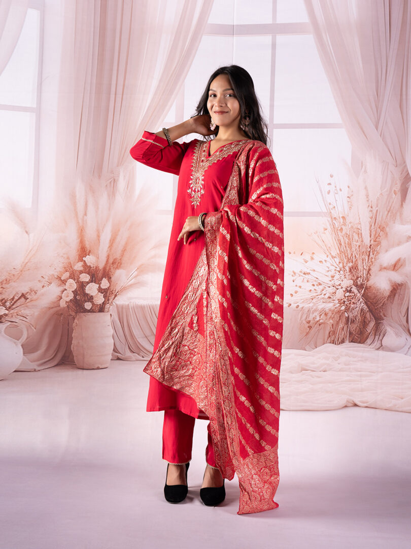 Empress Rose Embroidered Kurta Set with Heritage Dupatta - Image 5