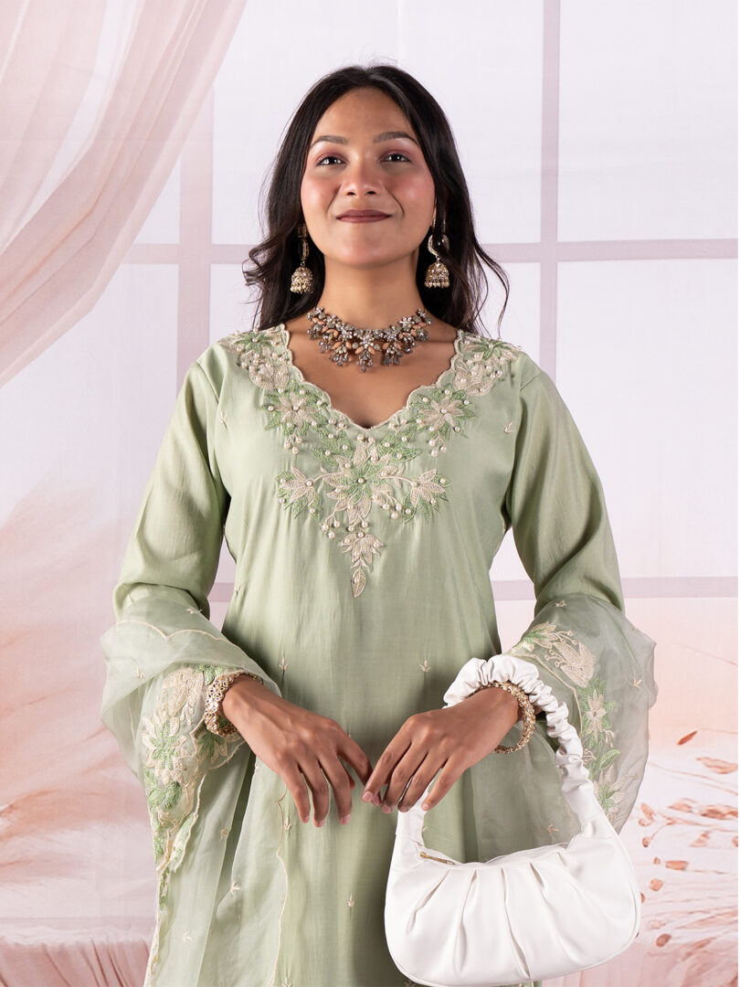 Sage Green Embroidered Kurta Set with Organza Sleeves