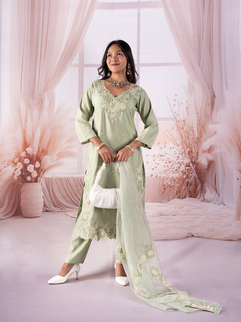 Sage Green Embroidered Kurta Set with Organza Sleeves - Image 2