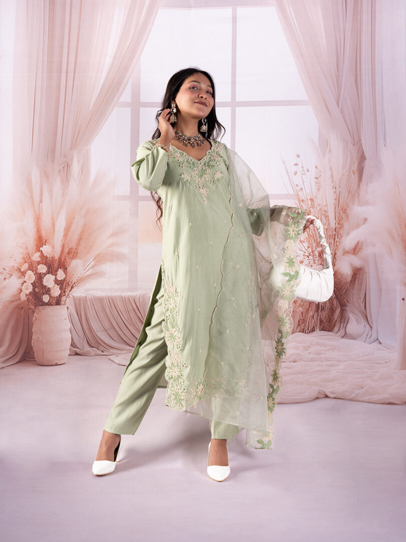 Sage Green Embroidered Kurta Set with Organza Sleeves - Image 3