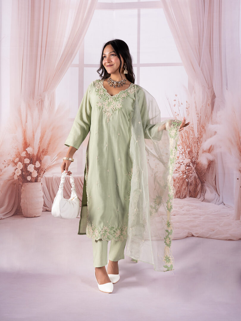Sage Green Embroidered Kurta Set with Organza Sleeves - Image 4
