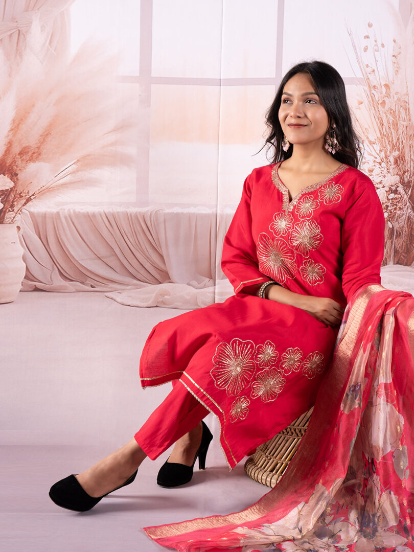 Crimson Blossom Embroidered Kurta Set with Floral Organza Dupatta - Image 2