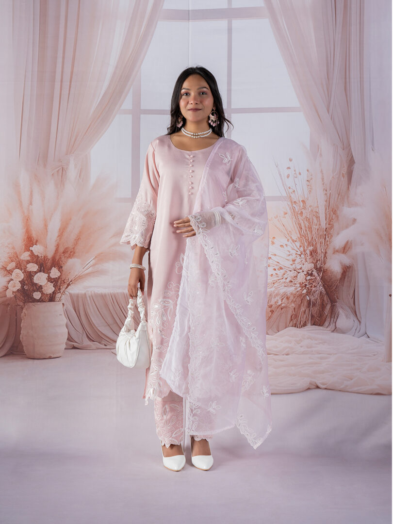 Blush Pink Embroidered Kurta Set with Organza Dupatta - Image 3