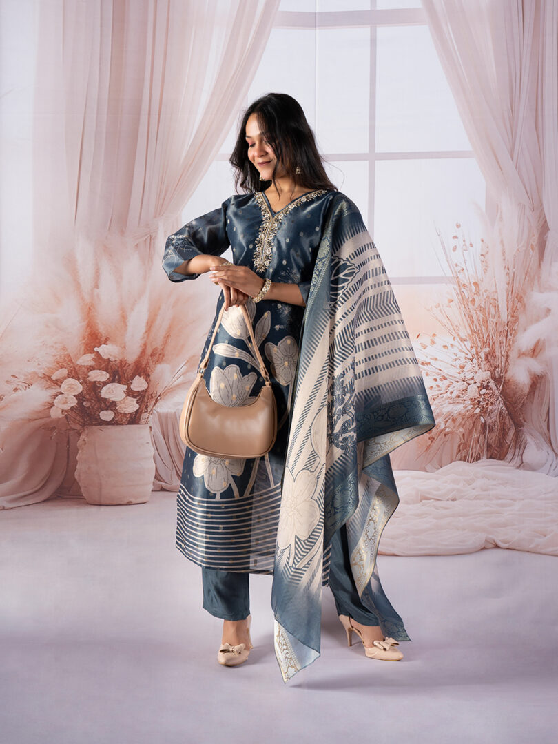 Midnight Blue Printed Silk Kurta Set with Statement Dupatta