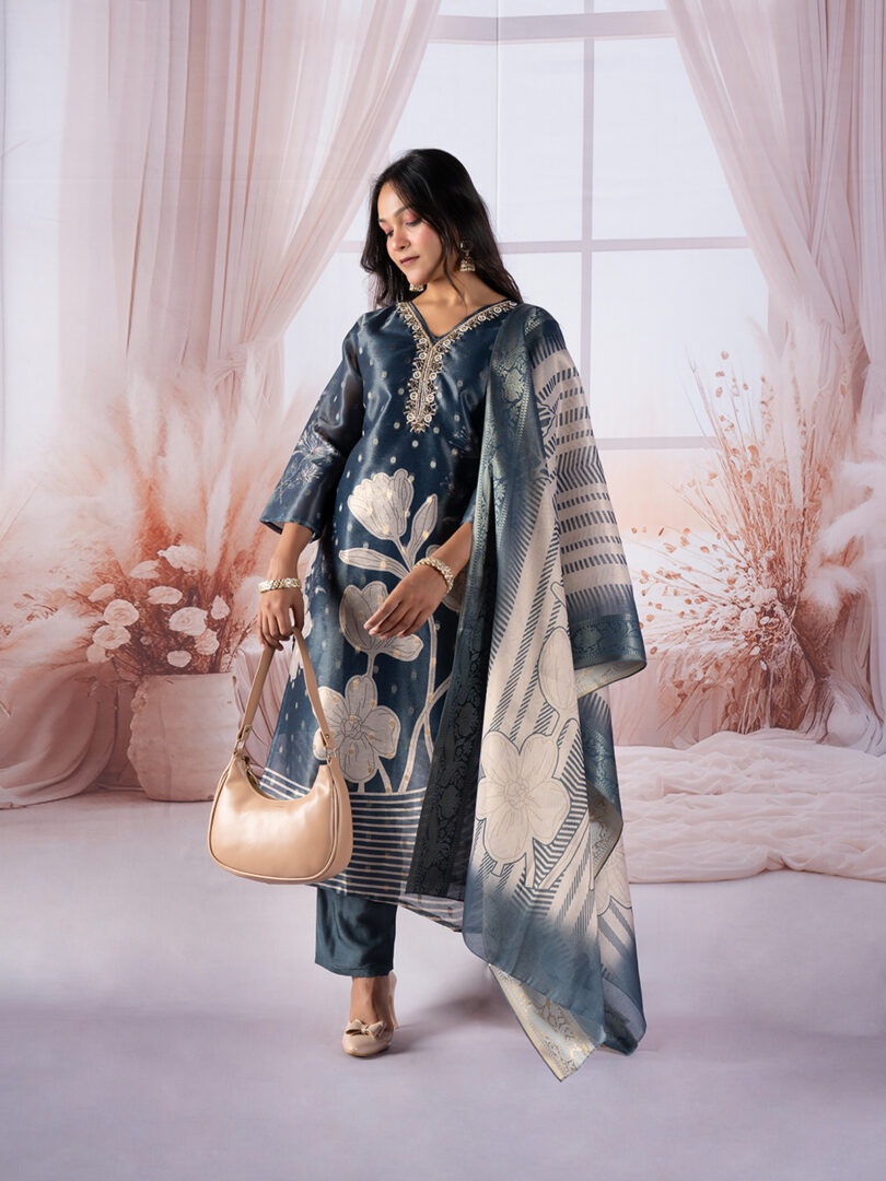Midnight Blue Printed Silk Kurta Set with Statement Dupatta - Image 2