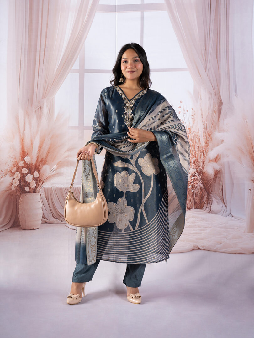 Midnight Blue Printed Silk Kurta Set with Statement Dupatta - Image 4