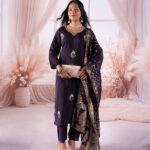 Royal Plum Embroidered Kurta Set with Brocade Dupatta