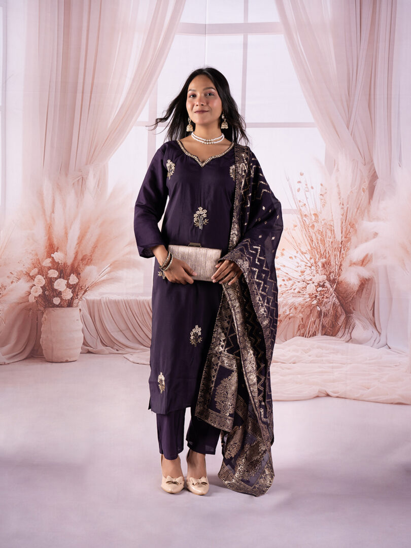 Royal Plum Embroidered Kurta Set with Brocade Dupatta