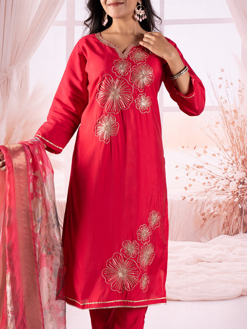 Crimson Blossom Embroidered Kurta Set with Floral Organza Dupatta - Image 3