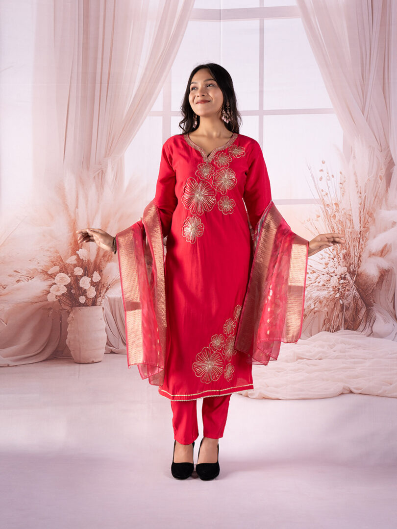 Crimson Blossom Embroidered Kurta Set with Floral Organza Dupatta